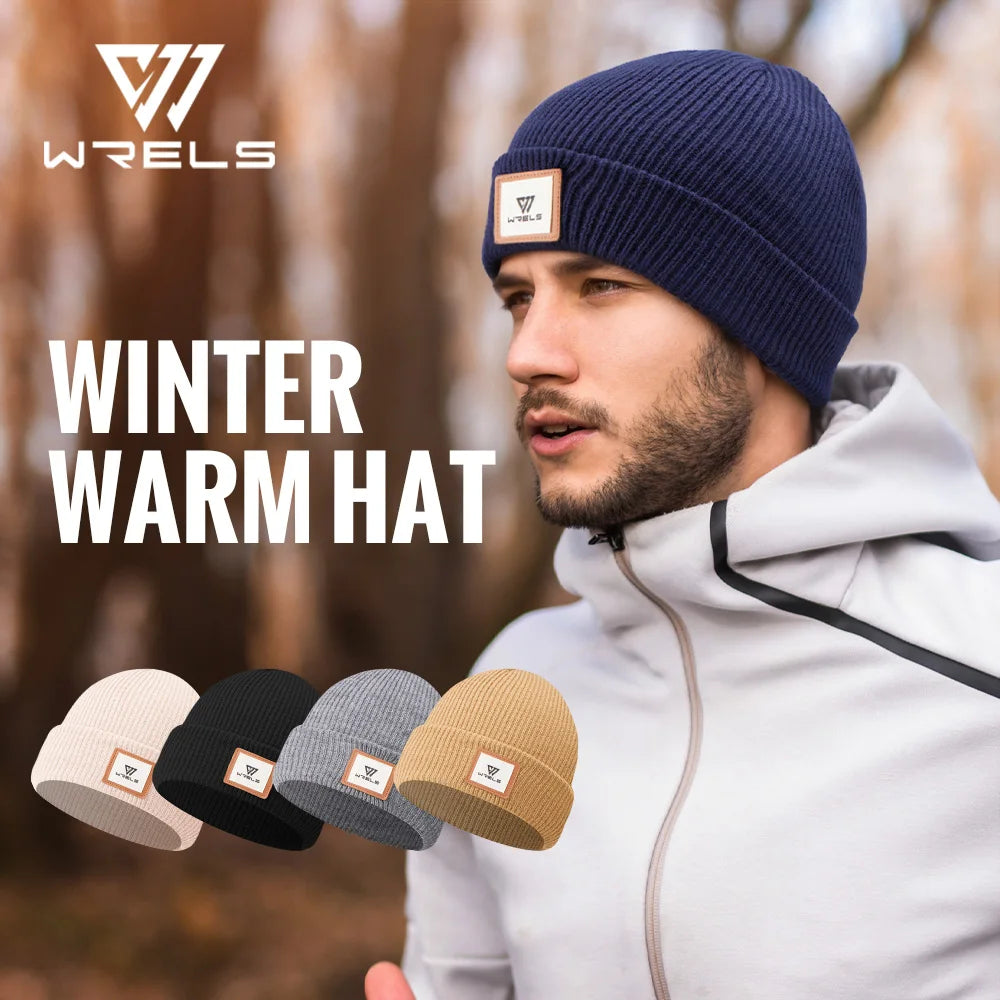 WRELS Warm Beanie Knit Hat Lightweight Fleece Lined Beanie Warm Winter Running Cap Knit Cuffed Cap Outdoor Beanie Cap Sports Hat